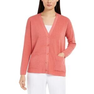 Eileen Fisher Linen Blend Boyfriend Cardigan in Bright Coral Medium